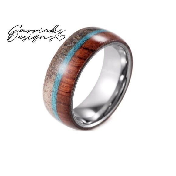 Personalized Engraved Men's Wood Turquoise and Antler Tungsten Wedding Ring band - Picture 6 of 7